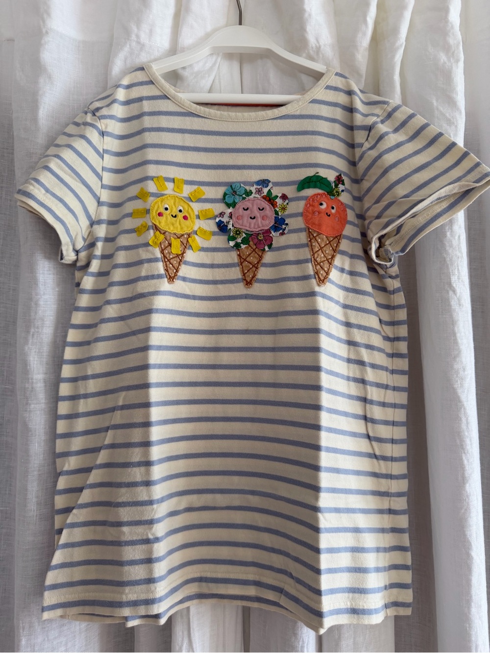 Mini Boden Cream & Blue Striped Tee with Sunny Ice Cream Motifs